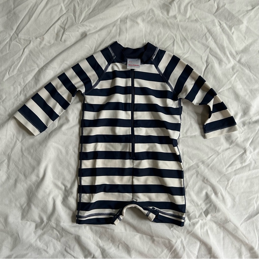 Hanna Andersson Navy and White Striped Zipper Swimsuit